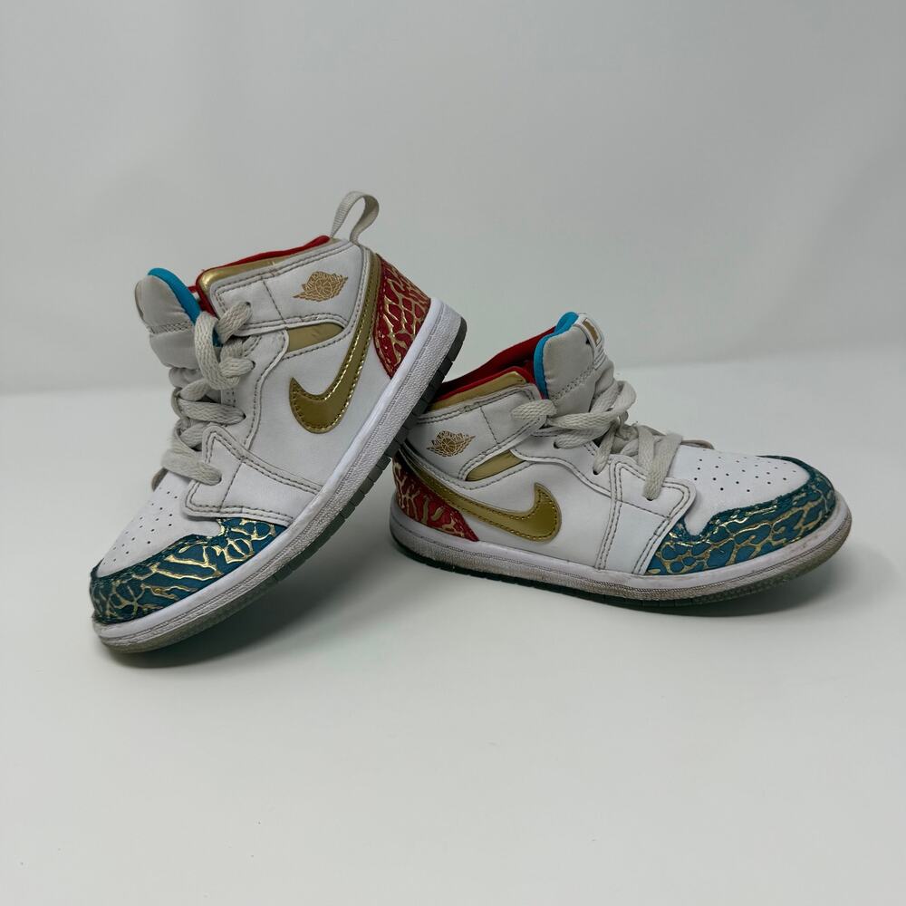 Nike Air Jordan 1 Mid SE Kids 10C White Gold Red Blue